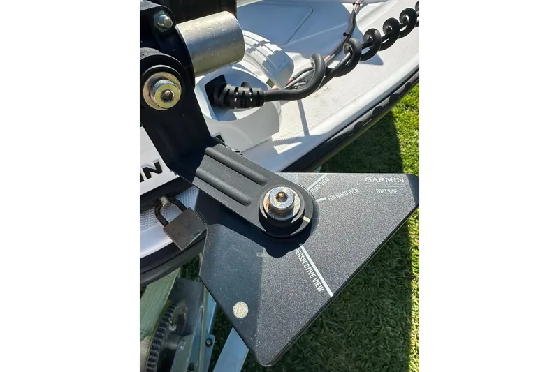 Slide: The Image of Transducer mount on 1998 Sea Strike 18 CC boat with Garmin label. - 18