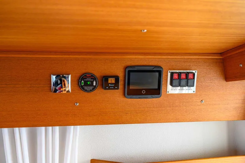Slide: The Image of Control panel of a 2020 Targa 32 boat with various switches and displays. - 29