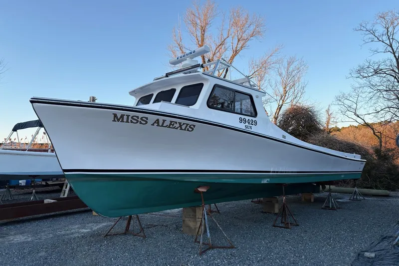 The Image of Custom 1994 workboat "Miss Alexis" on dry dock, white hull with green bottom. - 1