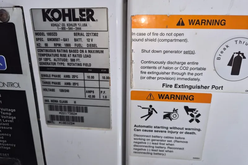 Slide: The Image of Kohler generator warning labels on Azimut 36, 2013 model, detailing safety and operational instructions. - 22