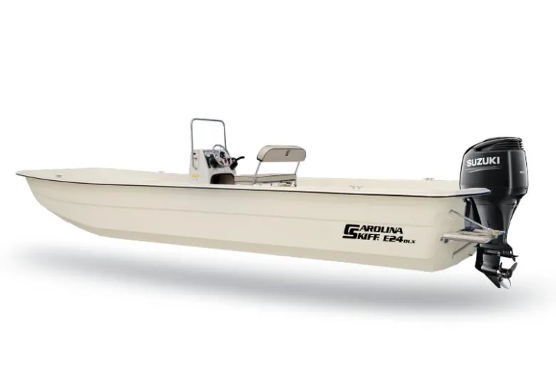 The Image of Manufacturer Provided Image: 2026 Carolina Skiff E24 DLX CC boat with Suzuki outboard motor, side view. - 1