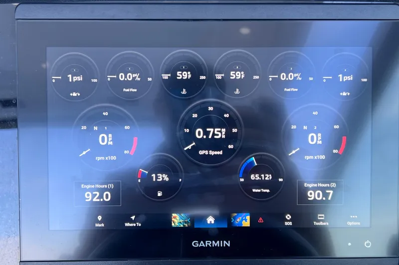 Slide: The Image of Garmin display on 2022 Blackfin 272 DC showing engine metrics and GPS speed. - 67