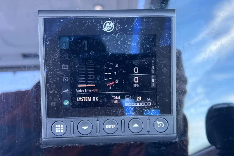 Slide: The Image of Digital display on 2022 Blackfin 272 DC boat showing system status and fuel level. - 70