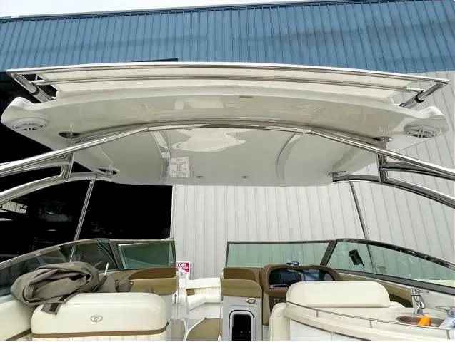 Slide: The Image of Interior view of a 2018 Cobalt R35 boat with canopy. - 8
