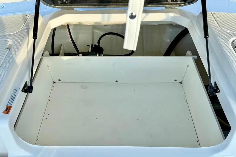 Slide: The Image of 2024 Chaparral 19 SSi OB storage compartment with open hatch and hydraulic supports. - 45