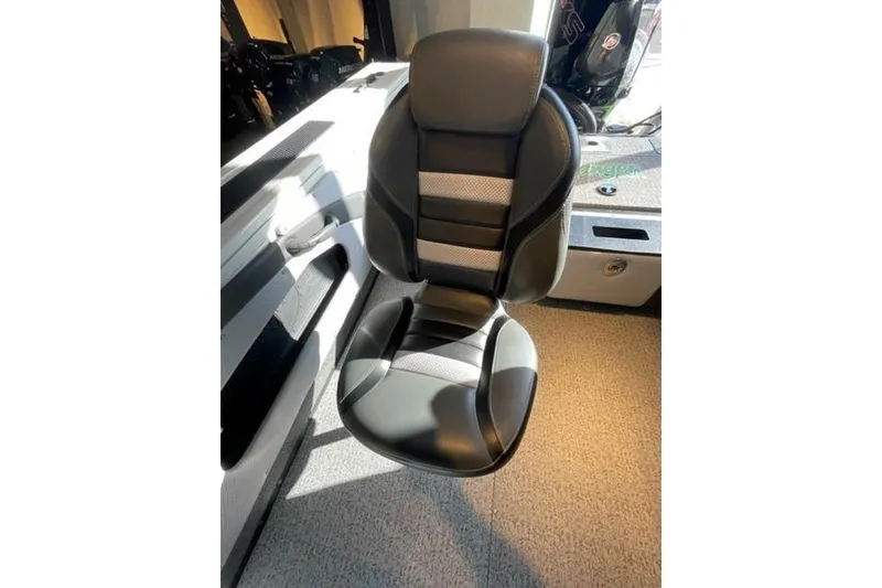 Slide: The Image of 2024 Ranger VX1988 WT boat seat, black and gray design, interior view. - 15