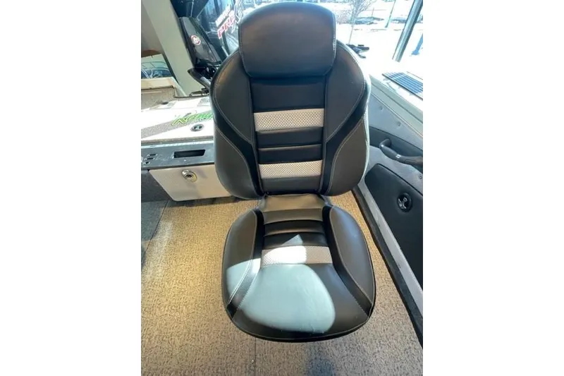 Slide: The Image of 2024 Ranger VX1988 WT boat seat, black and gray design, interior view. - 17