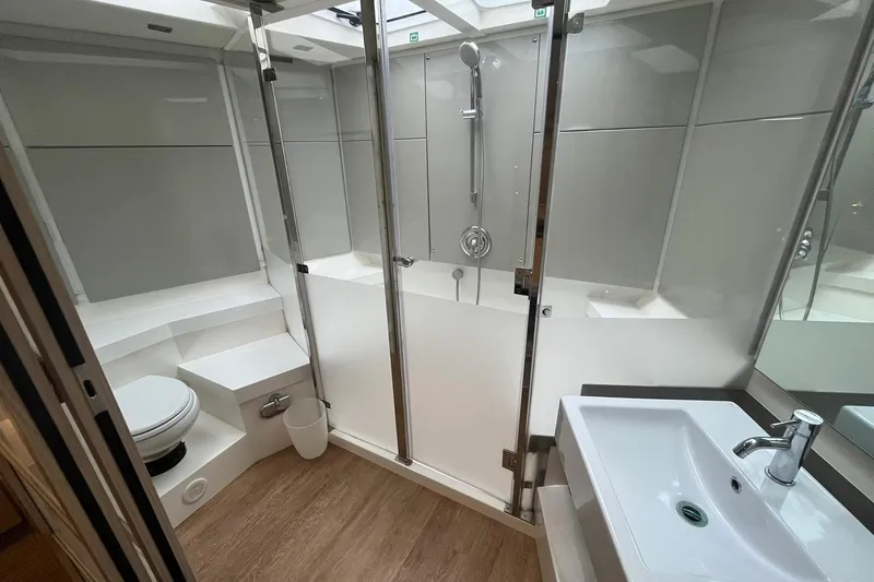 Slide: The Image of Luxurious bathroom in 2012 Fairline Targa 58 Gran Turismo yacht, featuring modern fixtures and elegant design. - 10