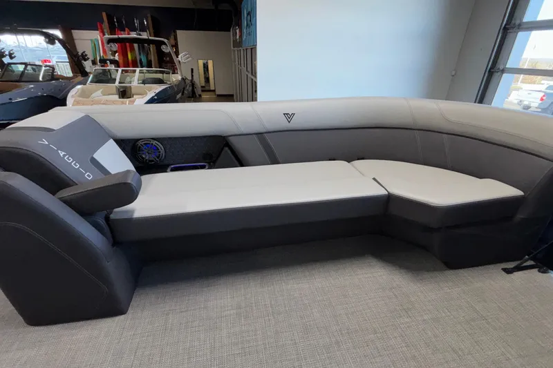 Slide: The Image of Luxurious Viaggio Z24U 2026 boat interior with sleek gray seating and modern design. - 12