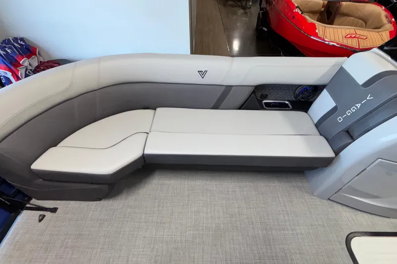 Slide: The Image of Luxurious seating in the 2026 Viaggio Z24U boat, featuring sleek gray upholstery. - 14