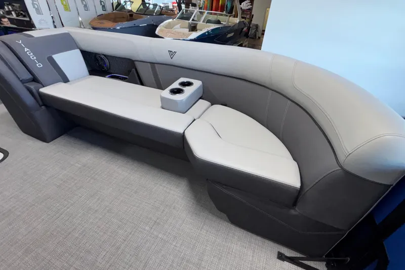 Slide: The Image of Luxurious seating in the 2026 Viaggio Z24U boat, featuring sleek gray and white upholstery. - 16