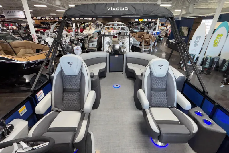 Slide: The Image of Luxurious 2026 Viaggio Z24U pontoon boat interior with plush seating and modern design. - 25