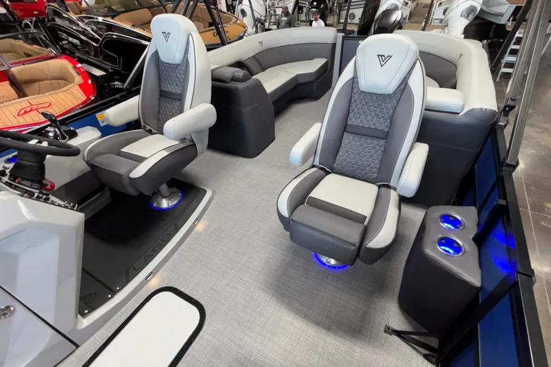 Slide: The Image of Interior of 2026 Viaggio Z24U boat with modern seating and illuminated cup holders. - 35