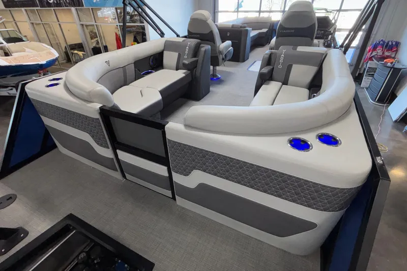 Slide: The Image of Luxurious 2026 Viaggio Z24U pontoon boat interior with plush seating and modern design. - 39