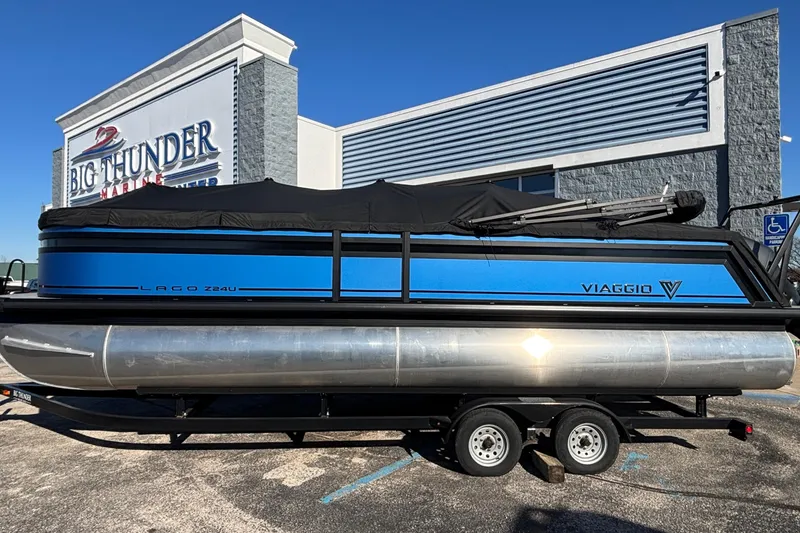 Slide: The Image of 2026 Viaggio Z24U pontoon boat on trailer at Big Thunder Marine Center. - 48