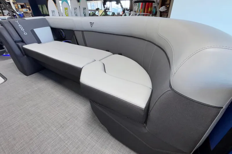 Slide: The Image of Luxurious seating in the 2026 Viaggio Z24U boat, featuring sleek gray upholstery. - 8