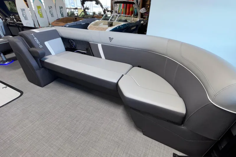 Slide: The Image of 2026 Viaggio Z24U boat interior with sleek gray seating and modern design. - 16