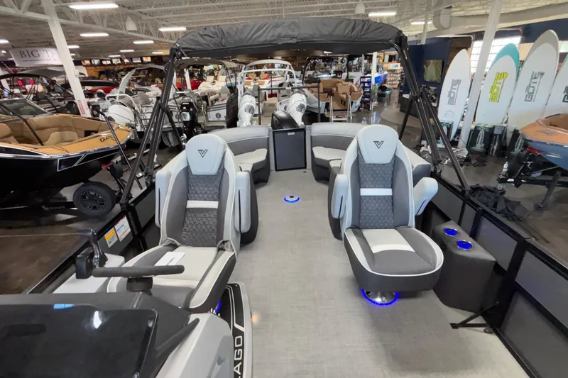Slide: The Image of Luxurious 2026 Viaggio Z24U pontoon boat interior with modern seating and ambient lighting. - 18