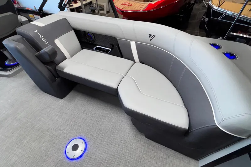 Slide: The Image of Luxurious seating in 2026 Viaggio Z24U boat with modern design and blue LED accents. - 46