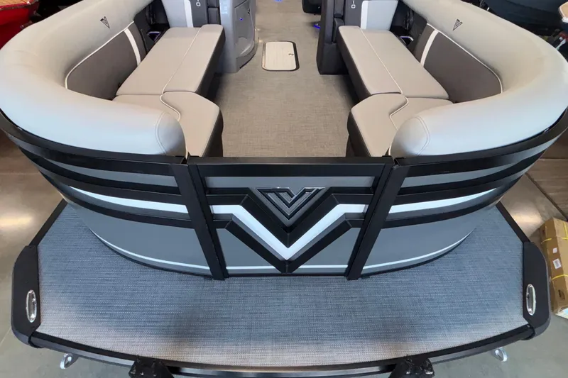 Slide: The Image of 2026 Viaggio Z24U pontoon boat interior with stylish seating and modern design. - 8