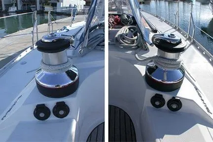 Slide: The Image of Jeanneau Sun Odyssey 45.2 sailboat deck winches, 1999 model, docked at marina. - 17