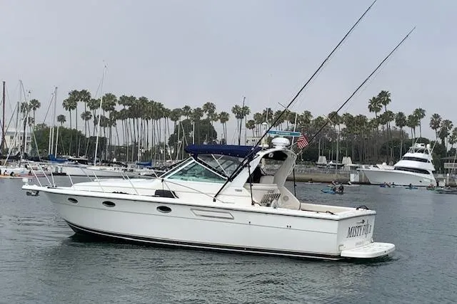 Slide: The Image of 2000 Tiara 31 Open yacht in marina, surrounded by palm trees and other boats. - 2