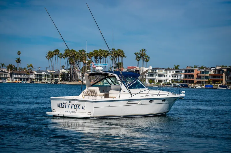 Slide: The Image of 2000 Tiara 31 Open boat on water, palm trees and houses in background. - 30