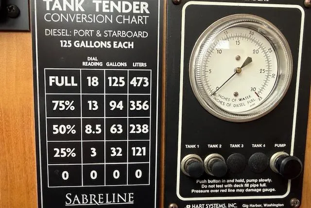 Slide: The Image of Sabreline 2001 Sedan tank tender conversion chart and gauge for diesel levels. - 26