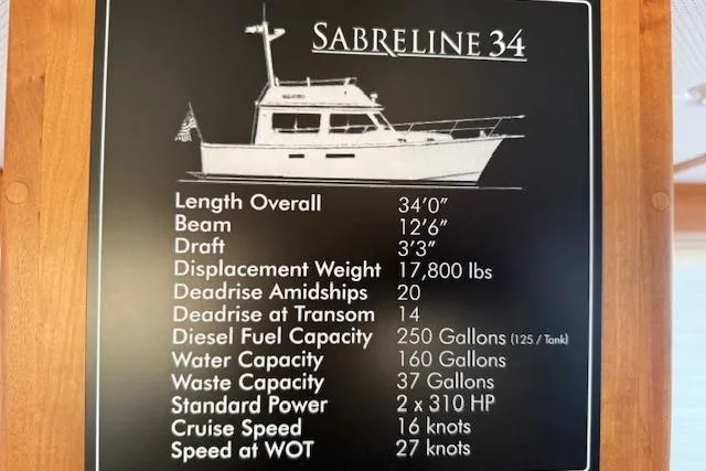 Slide: The Image of 2001 Sabreline Sedan specifications: 34' length, 12'6" beam, 250-gallon diesel capacity, 310 HP power. - 29