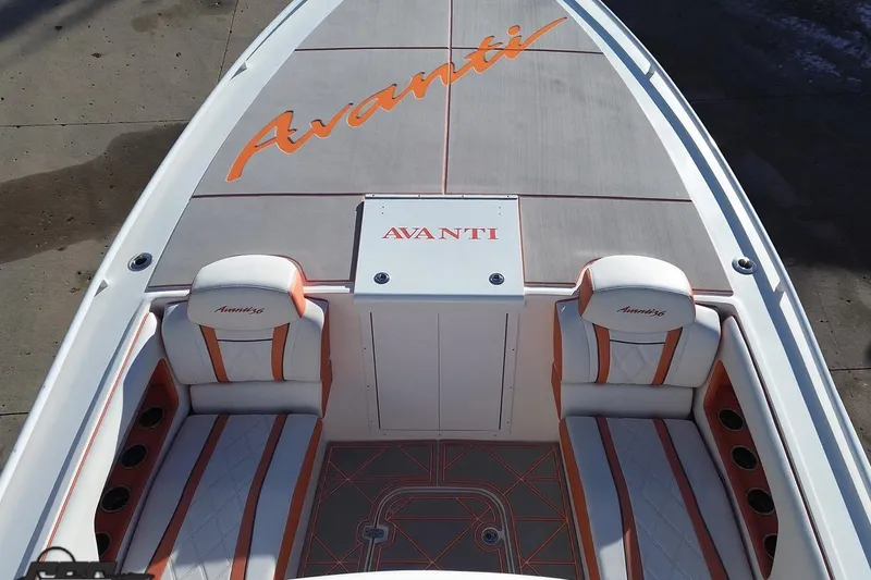 Slide: The Image of 2021 Avanti 36 Center Console boat with stylish seating and branding. - 30