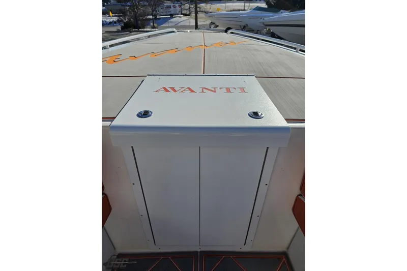 Slide: The Image of 2021 Avanti 36 Center Console boat deck with branded storage compartment. - 58