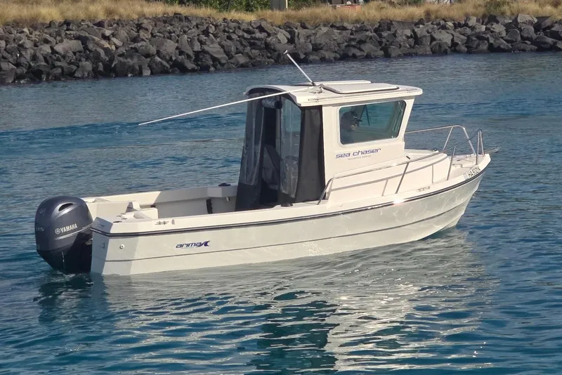 Slide: The Image of 2024 Arima Sea Chaser 19 Yellowtail Edition boat on water, featuring Yamaha outboard motor. - 5