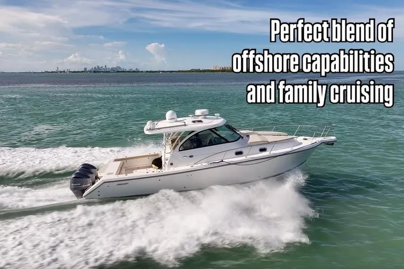 Slide: The Image of 2016 Pursuit OS 385 Offshore cruising on open water, showcasing versatility and family-friendly design. - 1