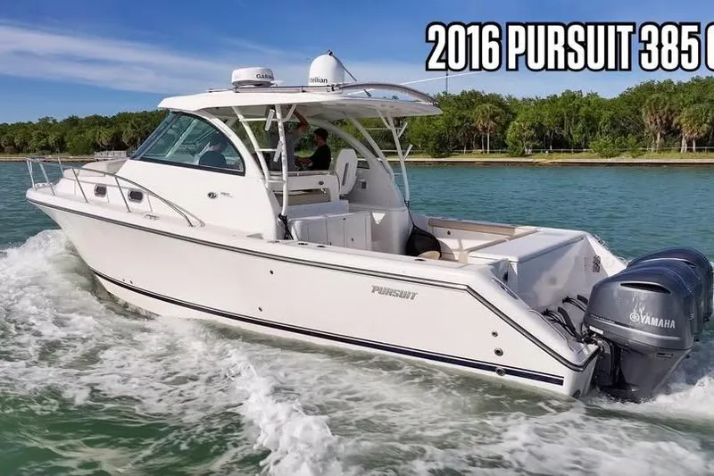 Slide: The Image of 2016 Pursuit OS 385 Offshore boat cruising on water with Yamaha engines. - 63