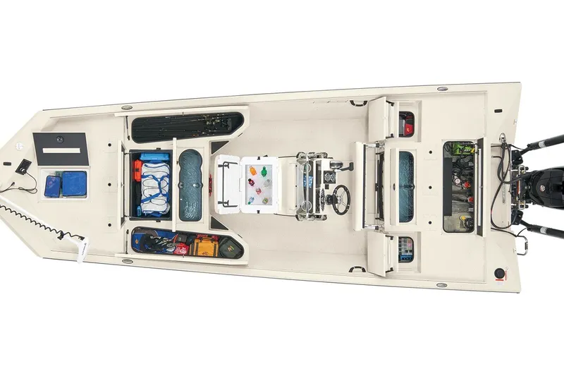 Slide: The Image of Top view of 2026 Ranger RB200 boat with organized storage compartments and fishing gear. - 14