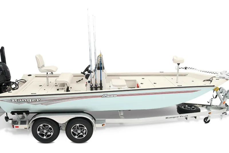 Slide: The Image of 2026 Ranger RB200 fishing boat on trailer, side view, equipped with seating and fishing rods. - 15