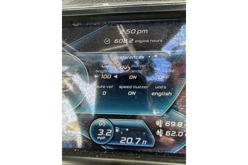 Slide: The Image of Dashboard of 2013 Nautique Super Air Nautique G23 Coastal Edition showing settings and engine data. - 11