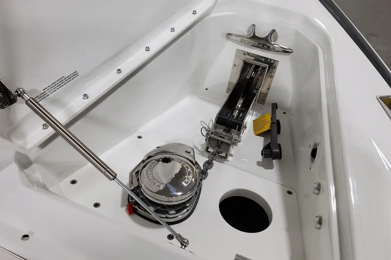 Slide: The Image of 2026 Formula 360 Crossover Bowrider OB anchor compartment with stainless steel fittings. - 26