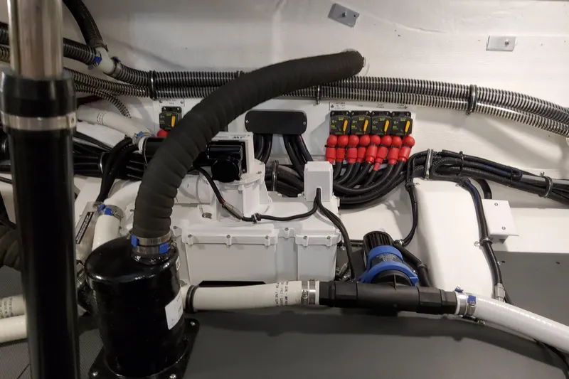 Slide: The Image of Engine compartment of 2026 Formula 360 Crossover Bowrider OB with wiring and components. - 85