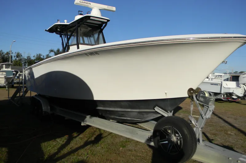 Slide: The Image of 2015 SeaHunter 35 Tournament boat on trailer, equipped with Garmin radar. - 7