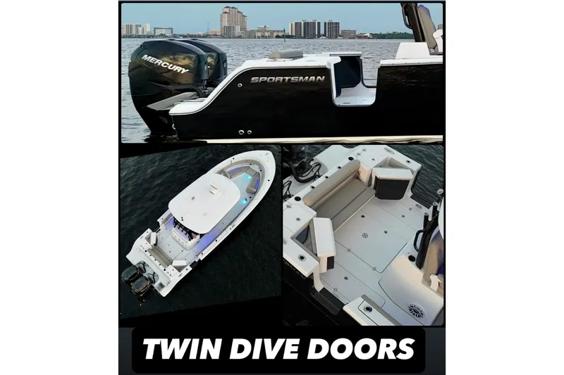 Slide: The Image of 2022 Sportsman Open 322 Center Console boat with twin dive doors and Mercury engines. - 10