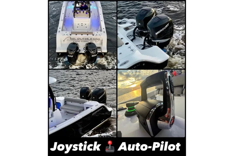 Slide: The Image of 2022 Sportsman Open 322 Center Console with dual Mercury engines, joystick, and auto-pilot features. - 11