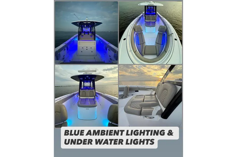 Slide: The Image of 2022 Sportsman Open 322 Center Console with blue ambient and underwater lighting. - 14