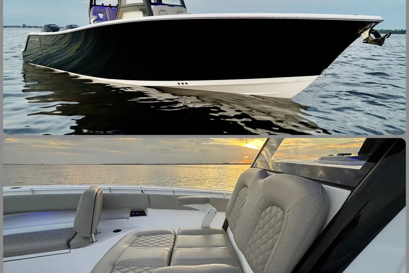 Slide: The Image of 2022 Sportsman Open 322 Center Console boat on water, featuring sleek design and comfortable seating. - 3