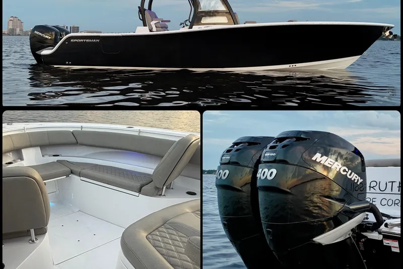 Slide: The Image of 2022 Sportsman Open 322 Center Console boat with dual Mercury 400 engines and spacious seating. - 4