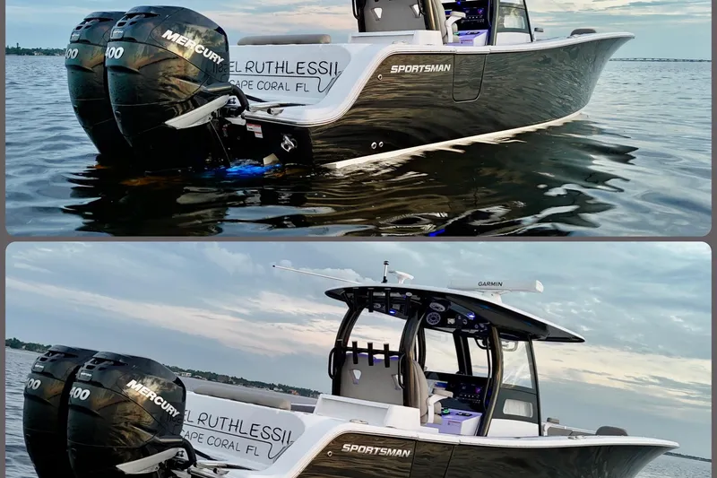Slide: The Image of 2022 Sportsman Open 322 Center Console boat on water, featuring dual Mercury engines. - 5
