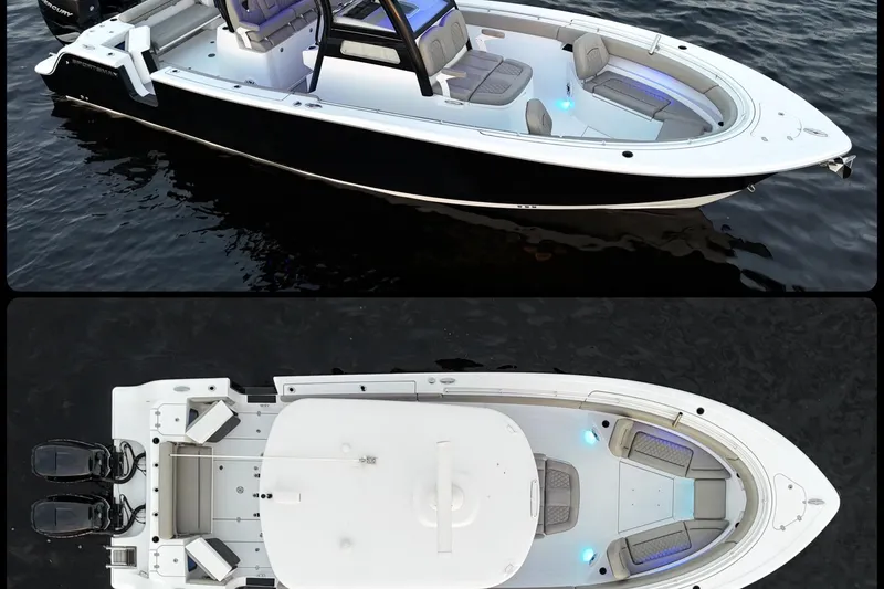 Slide: The Image of 2022 Sportsman Open 322 Center Console boat, side and top views, on water. - 6
