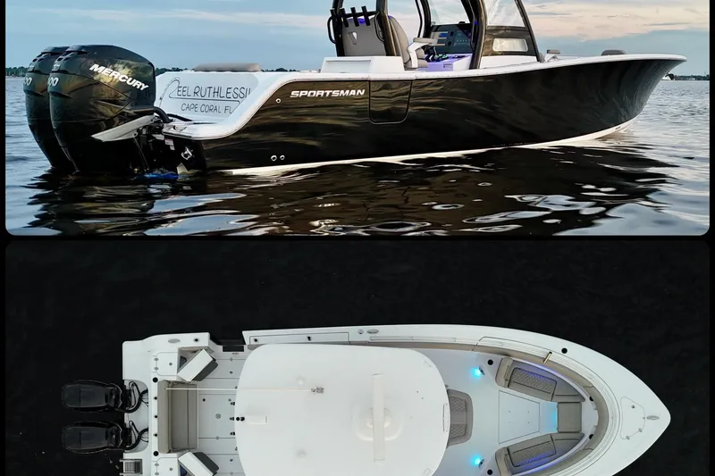 Slide: The Image of 2022 Sportsman Open 322 Center Console boat on water, aerial and side views. - 7