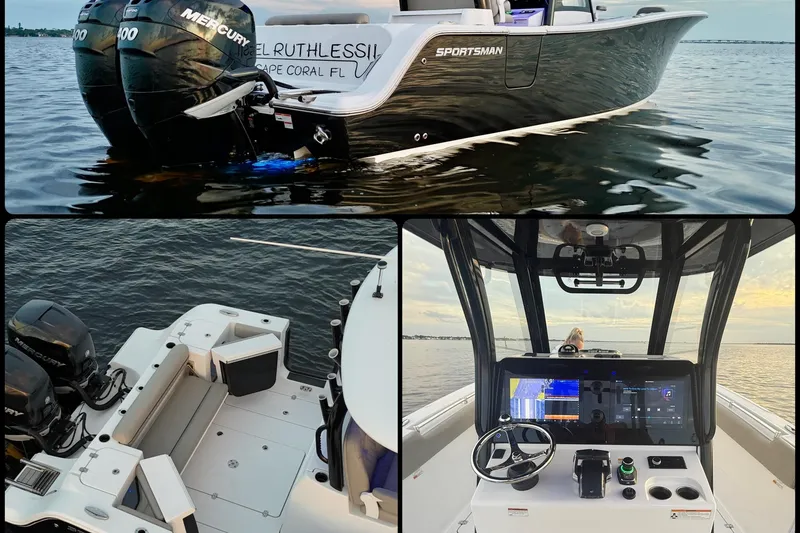 Slide: The Image of 2022 Sportsman Open 322 Center Console boat with dual Mercury engines on water. - 8