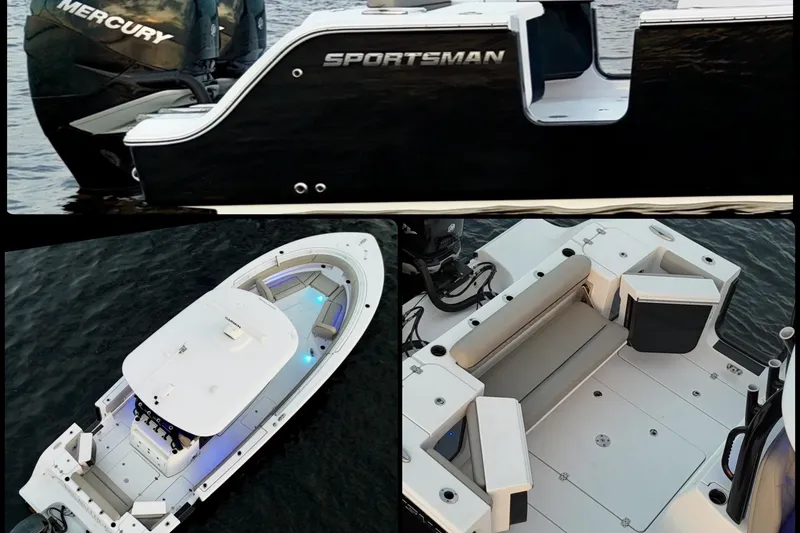Slide: The Image of 2022 Sportsman Open 322 Center Console boat with Mercury engines, aerial and interior views. - 9